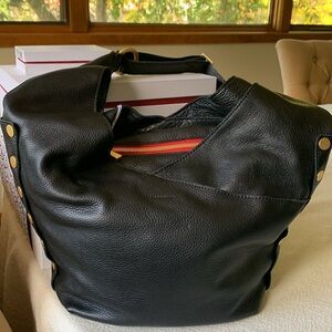 Hammitt Black Pebbled Leather Hobo with Gold Hardware and Red Zip Accent
